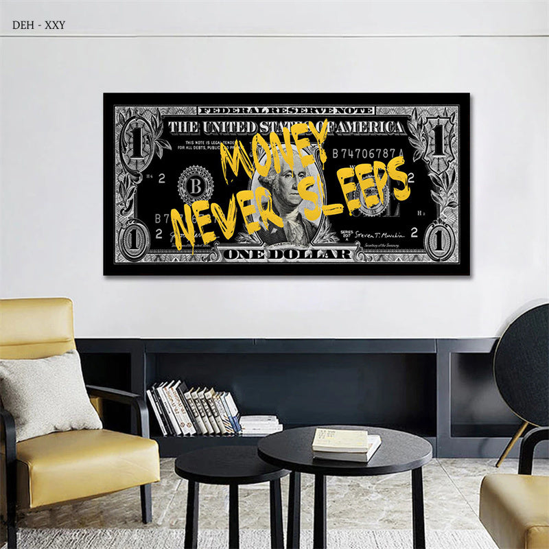 Posters Money Never Sleeps Text Golden Dollar Banknote Canvas Prints Painting Motivational Wall Art Mural for Living Room Decor Empire Shop