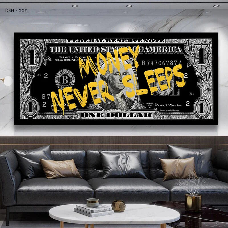 Posters Money Never Sleeps Text Golden Dollar Banknote Canvas Prints Painting Motivational Wall Art Mural for Living Room Decor Empire Shop