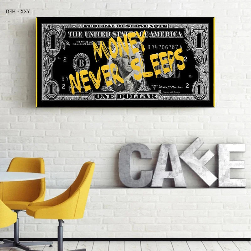 Posters Money Never Sleeps Text Golden Dollar Banknote Canvas Prints Painting Motivational Wall Art Mural for Living Room Decor Empire Shop