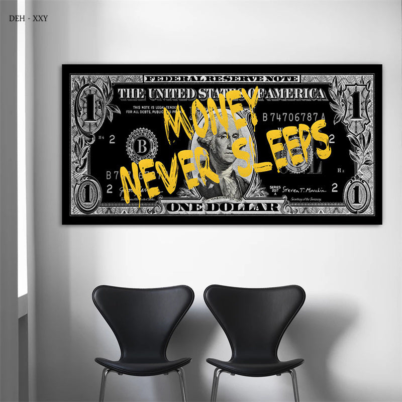 Posters Money Never Sleeps Text Golden Dollar Banknote Canvas Prints Painting Motivational Wall Art Mural for Living Room Decor Empire Shop