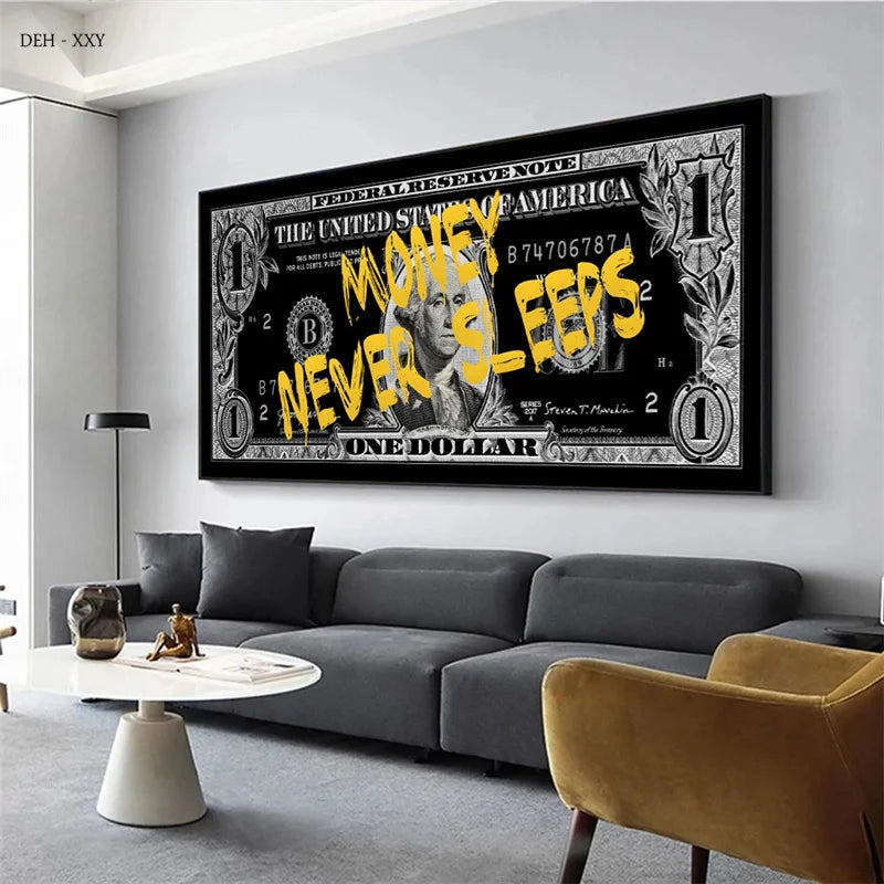 Posters Money Never Sleeps Text Golden Dollar Banknote Canvas Prints Painting Motivational Wall Art Mural for Living Room Decor Empire Shop