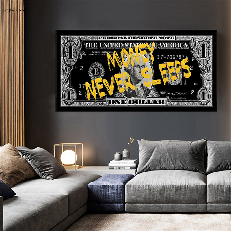 Posters Money Never Sleeps Text Golden Dollar Banknote Canvas Prints Painting Motivational Wall Art Mural for Living Room Decor Empire Shop
